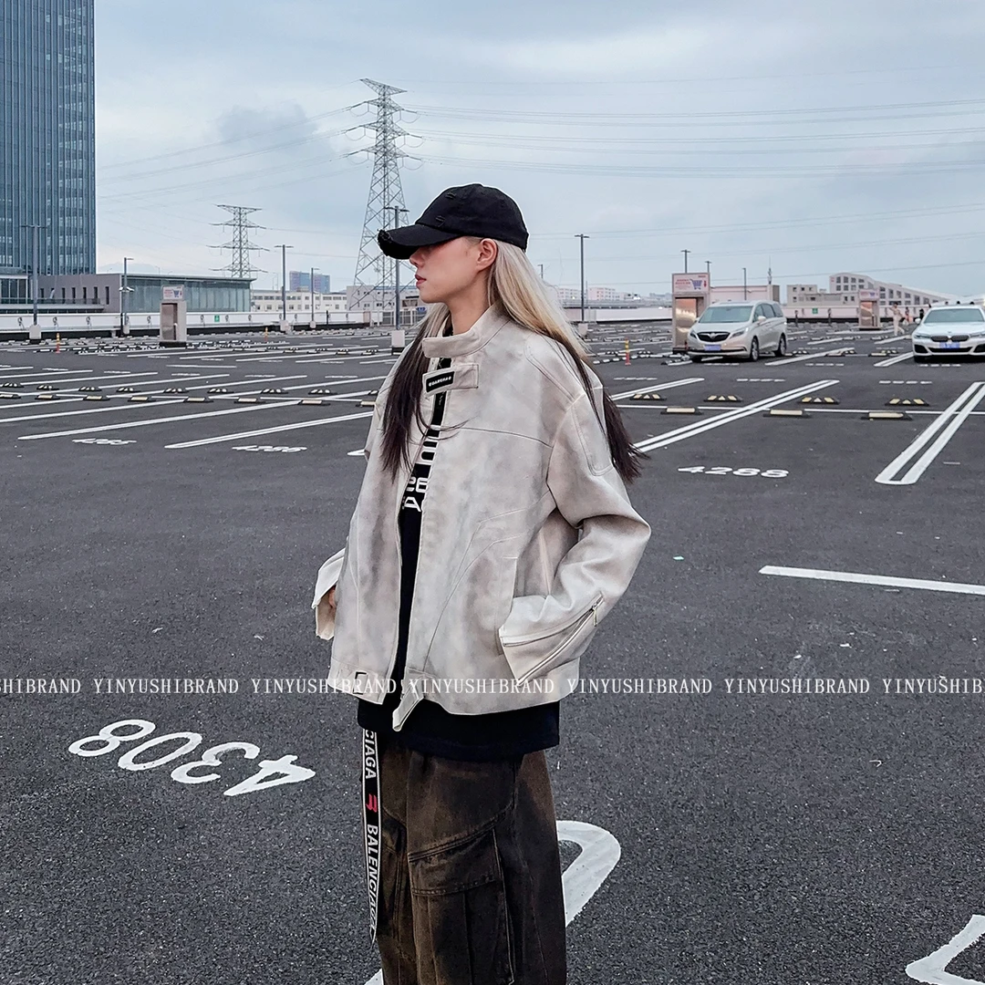 巴黎风美式重工做旧晕染脏洗立领皮衣夹克街头复古拉链外套男女