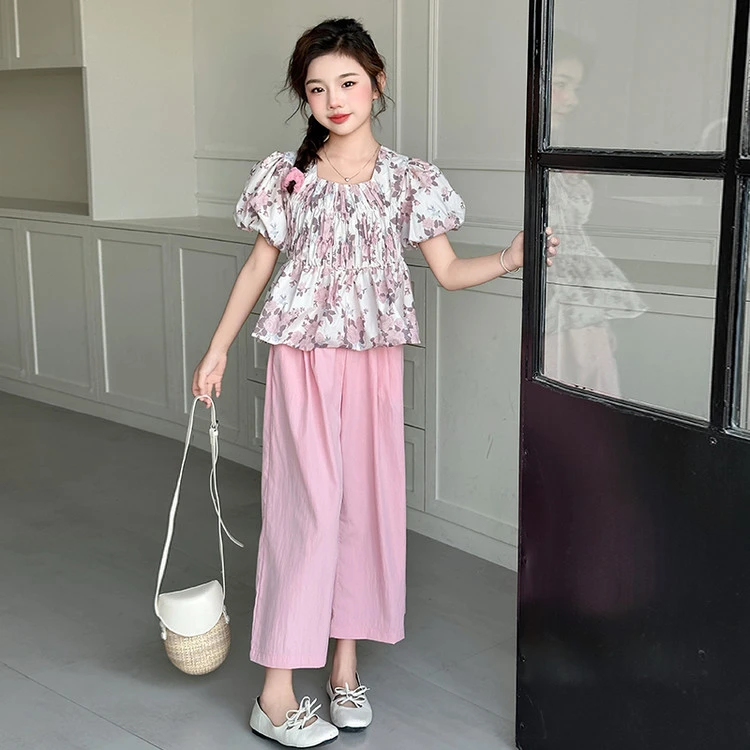 女童泡泡袖碎花显瘦气质上衣洋气时尚休闲夏季阔腿裤甜美两件套