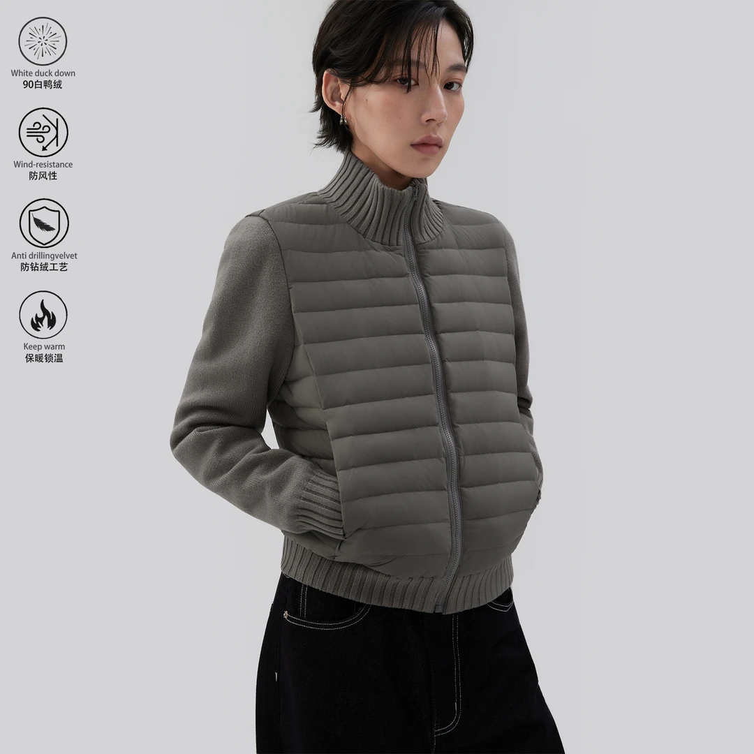 SAMEUOO散养文化「织物」90白鸭绒羽绒服毛织拼接袖立领短外套冬