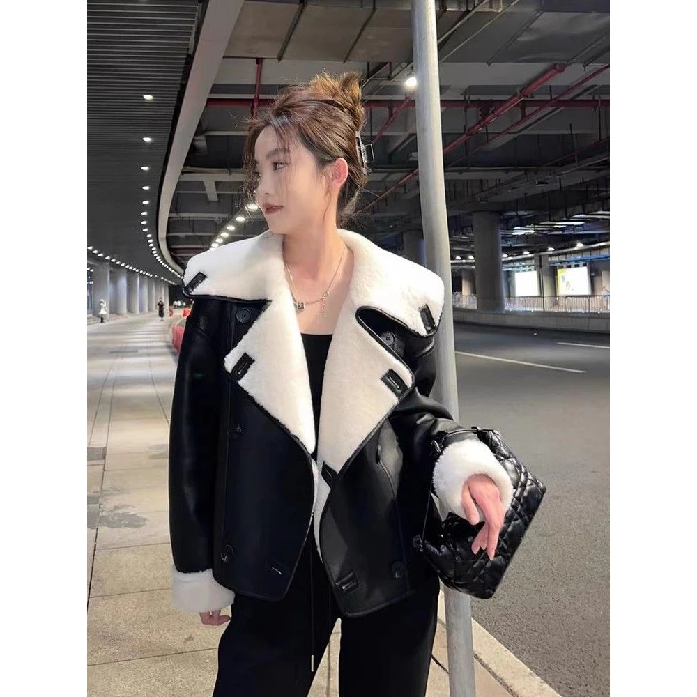 皮毛一体外套女2025新款毛毛短款外套高级大翻领宽松加厚保暖上衣