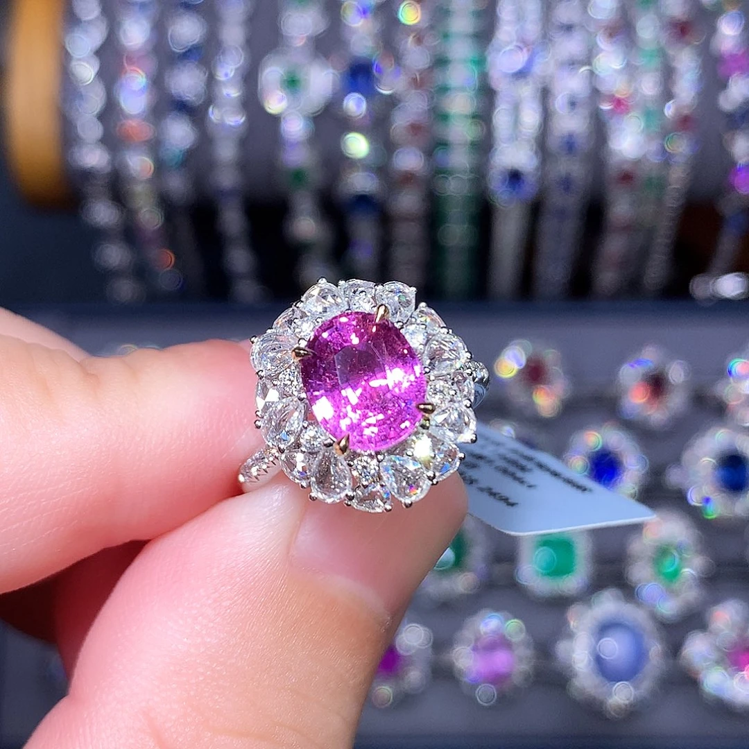 戒指彩色蓝宝石18K金镶嵌3.19ct/AIGS/无烧