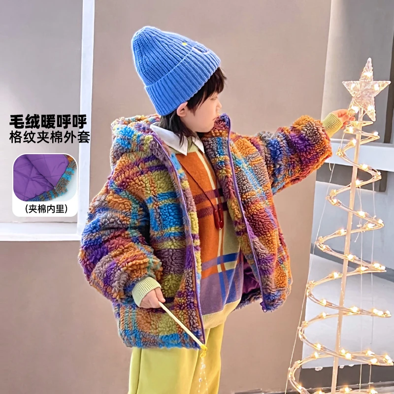 【调色盘】彩虹格仿羊羔绒中大童外套加厚连帽格子衣服4119682O1