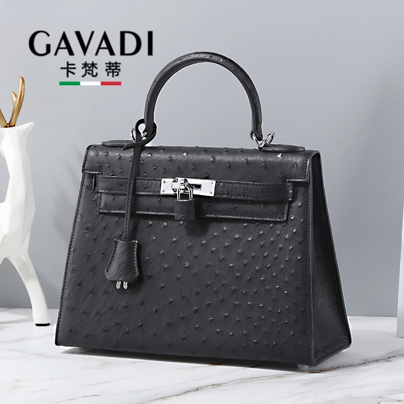 鸵鸟皮女包新款真皮包包大牌锁扣斜挎手提包mini铂金凯莉包女士