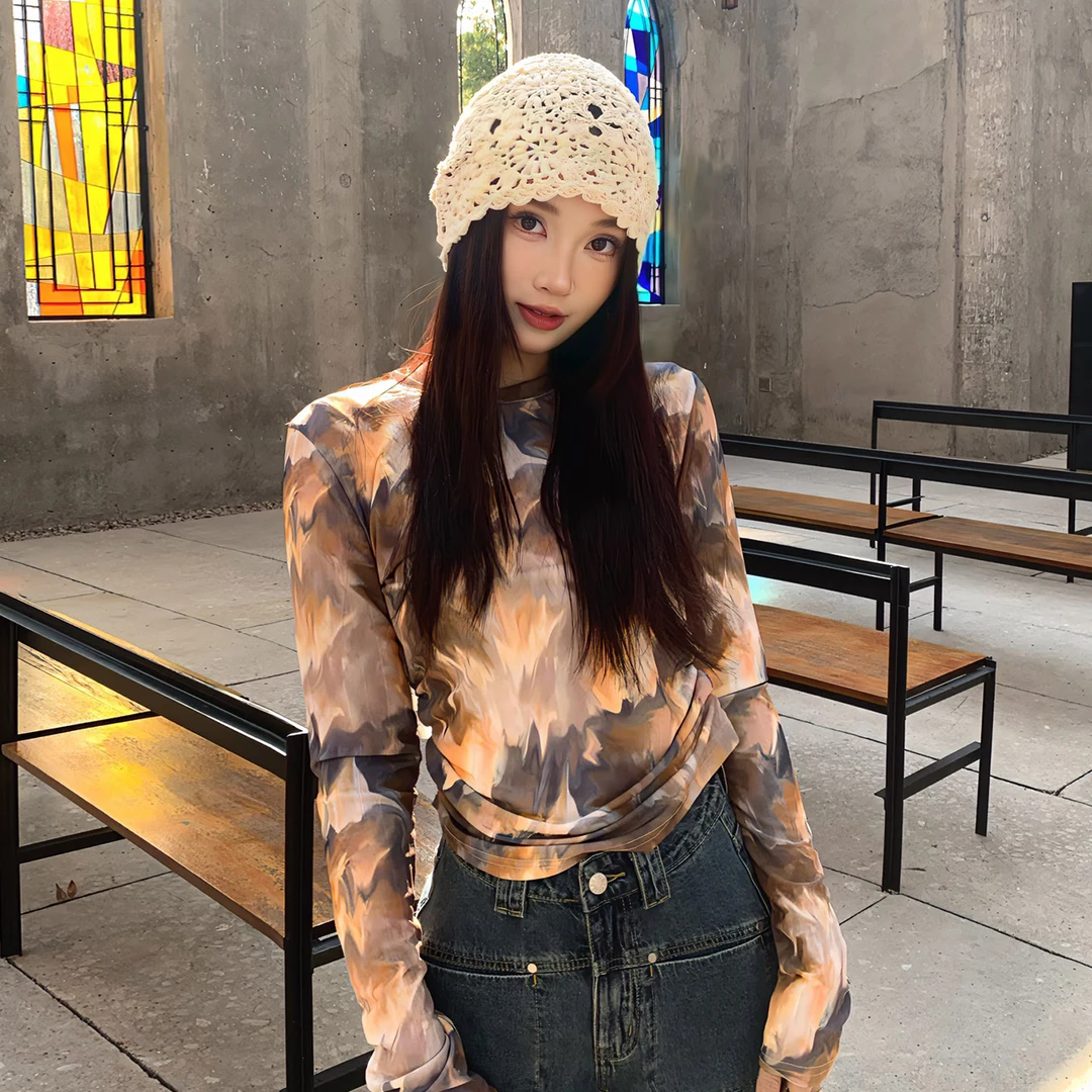 春夏渐变扎染打底衫长袖短款时尚圆领撞色女士设计感小众罩衫