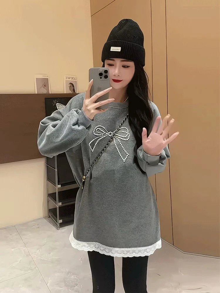 339新款百搭瑚蝶结加绒长袖休闲秋冬圆领卫衣