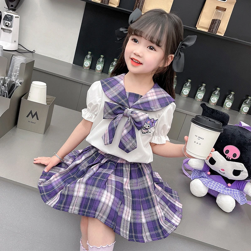 女童夏季套装卡通动漫女童学院风夏季女套装衬衫女孩百褶裙两件套
