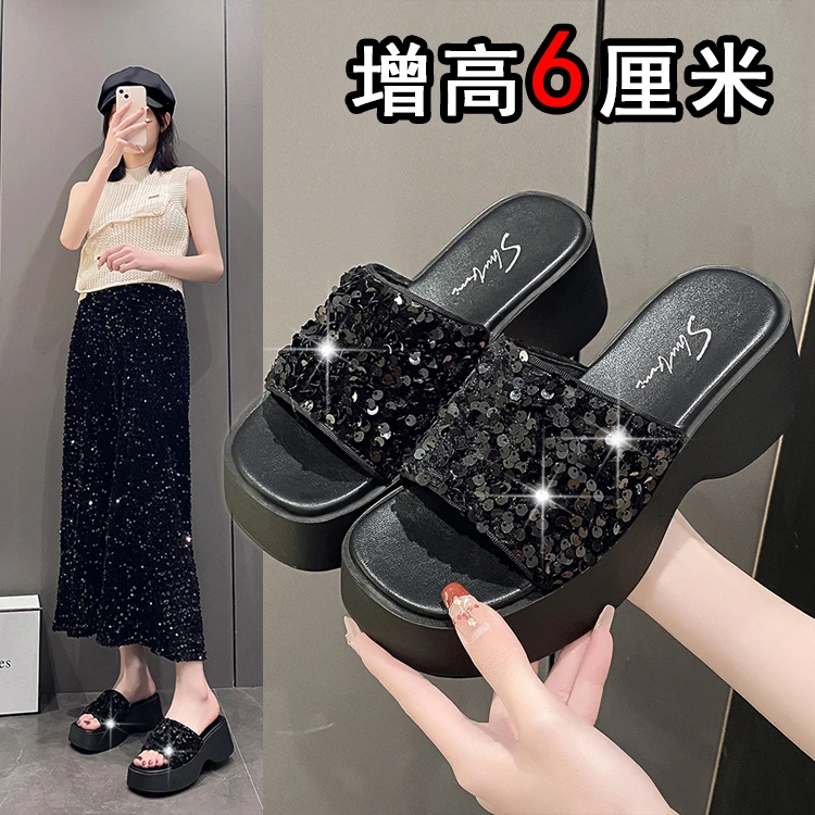 拖鞋女夏外穿2025年时尚百搭厚底增高软底凉拖鞋亮片松糕底一字拖