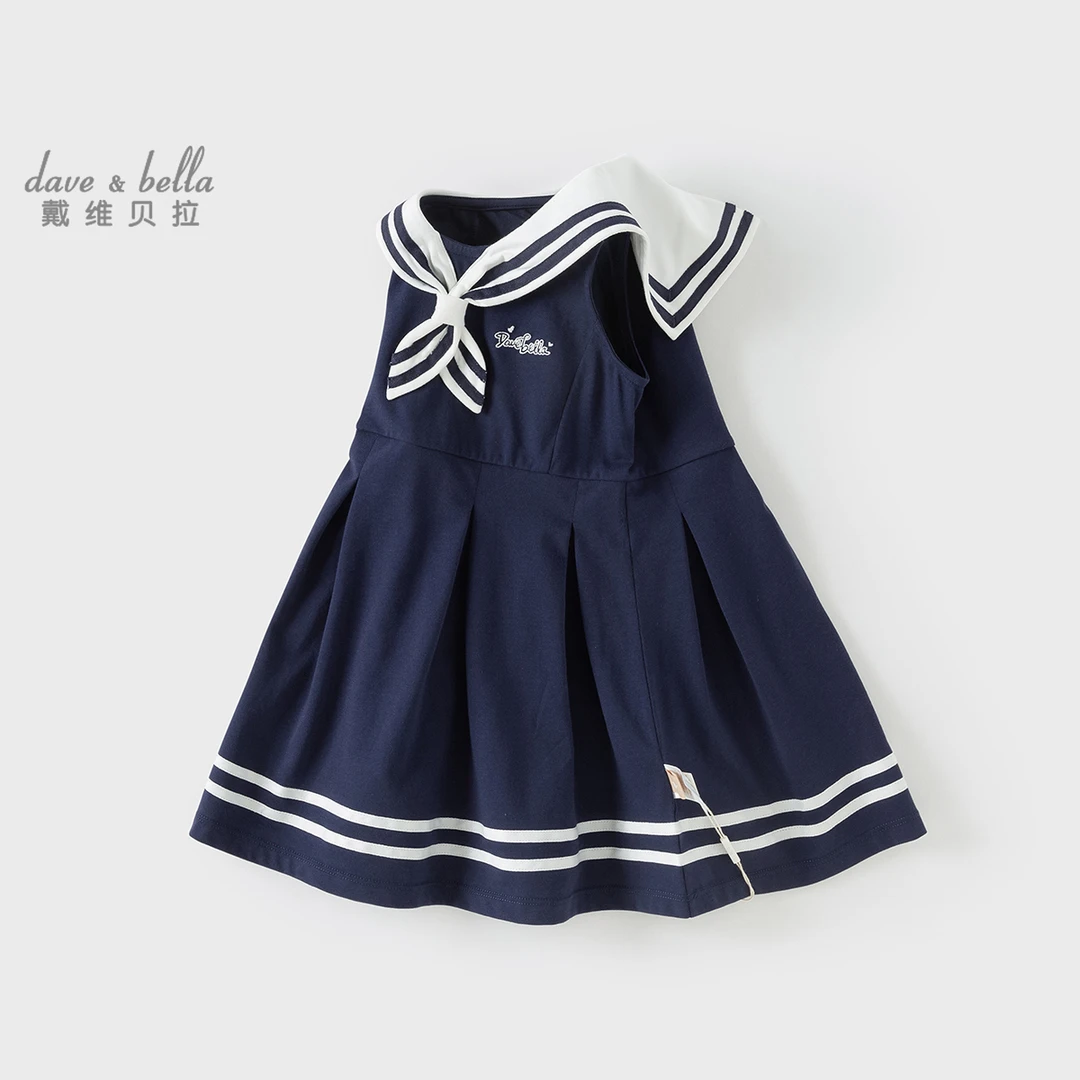 戴维贝拉女童抗菌连衣裙2025夏季新款洋气儿童学院风海军领裙子