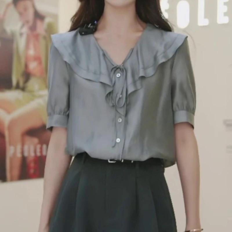 雪纺衬衫女2025夏季新款时尚短袖V领拼接荷叶边高端气质显瘦上衣