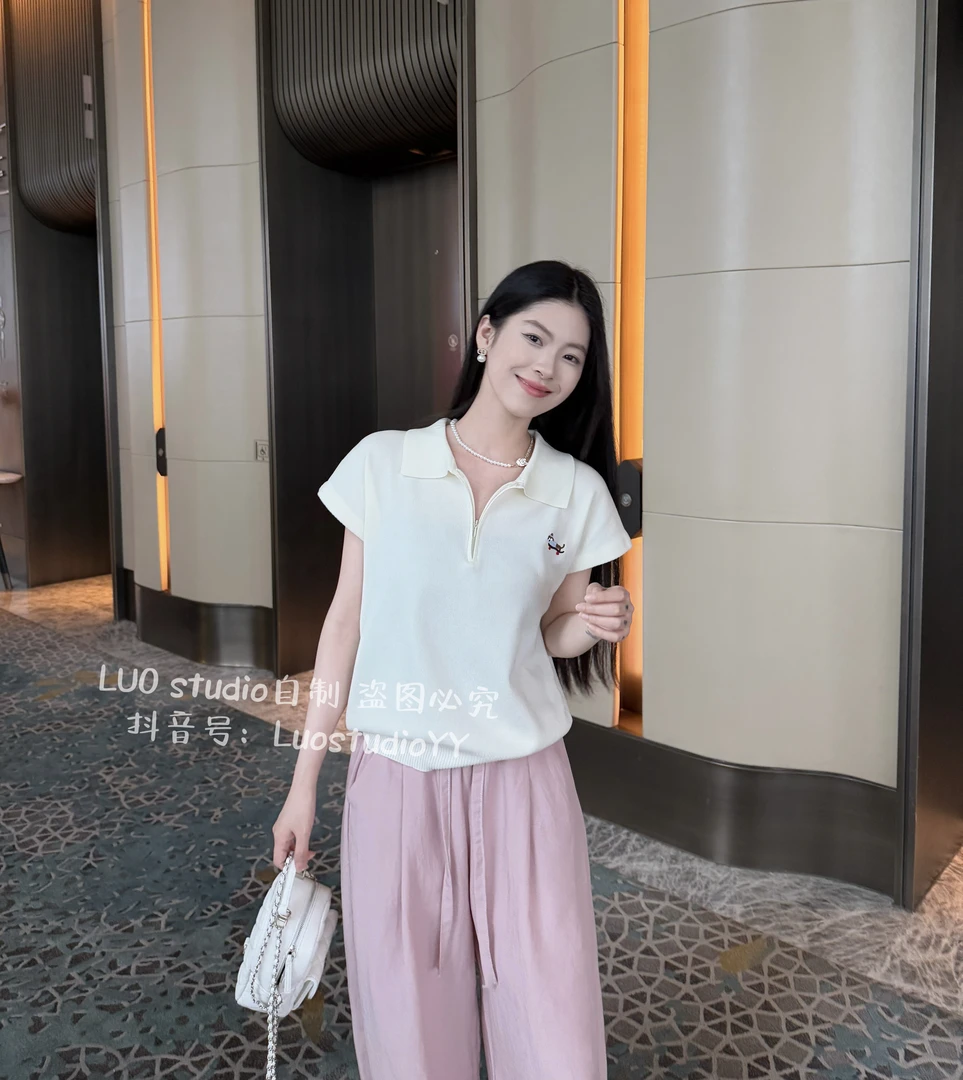 【Luo stuido 自制】韩系洋气莱赛尔翻领针织短袖t恤polo衫宽松上衣