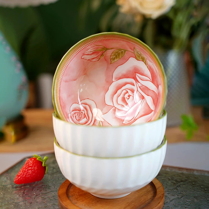 【兮房】玫瑰花园米饭碗4.5英寸家用日式饭碗陶瓷网红高颜值家庭装