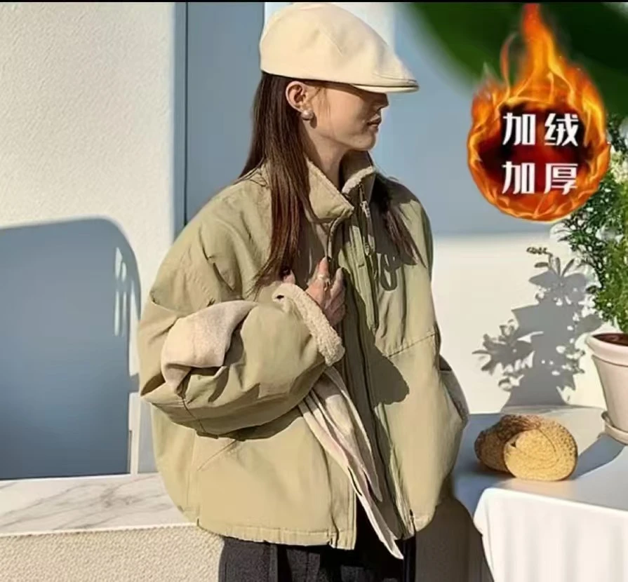 2025仿羊羔毛短款小个子派克服双拉链秋冬加厚外套女