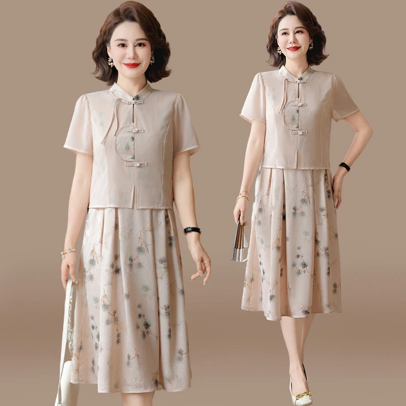 妈妈夏装连衣裙新中式国风雪纺裙中老年女装夏季短袖裙子假两件套
