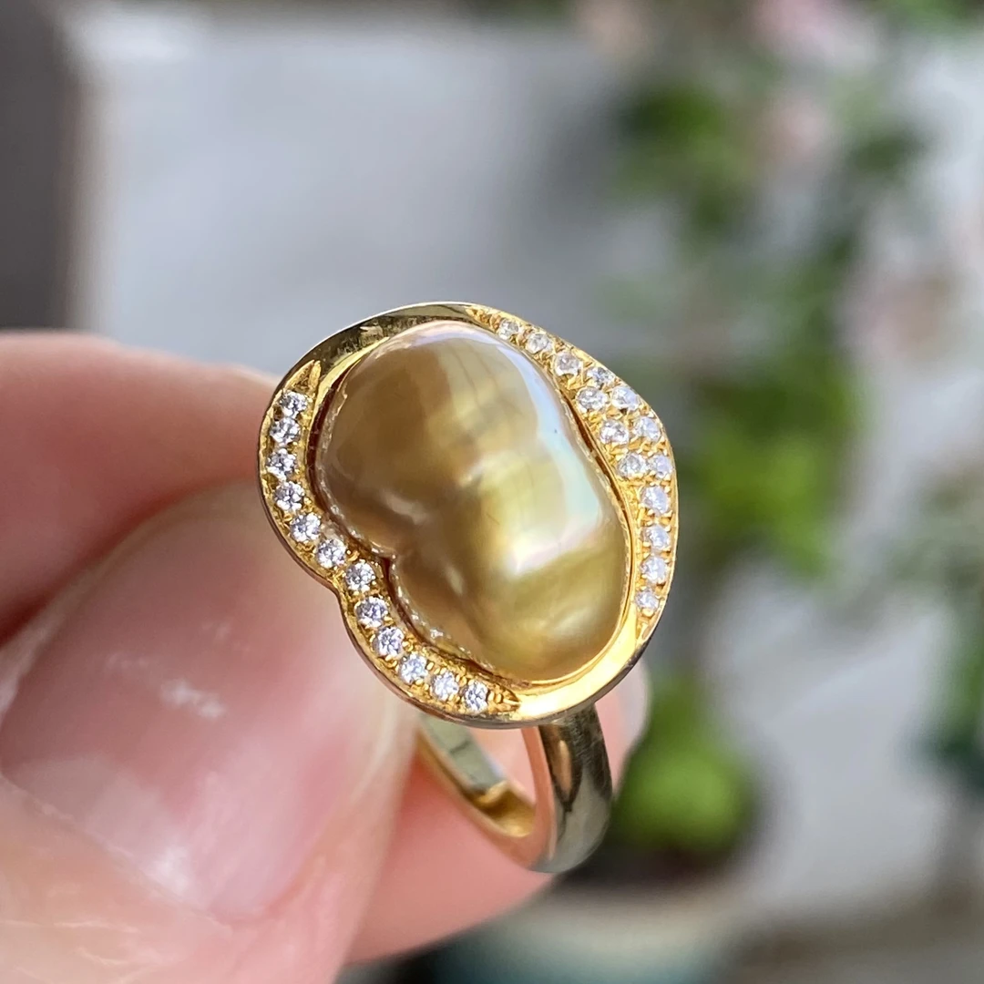 天然南洋金珠戒指keshi无核野生珍珠指环活口浓茶金女戒S925无调