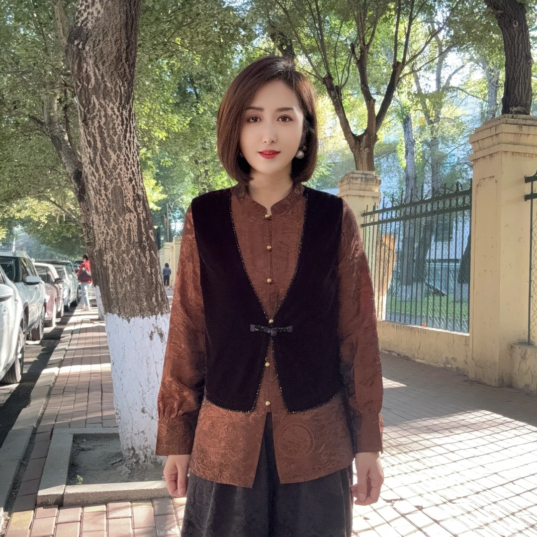 鎏金咖假两件新中式国风女士衬衫