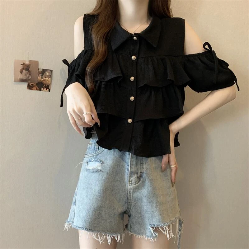法式小香风黑色露肩短袖衬衫女夏季2025新款荷叶边设计感短款上衣