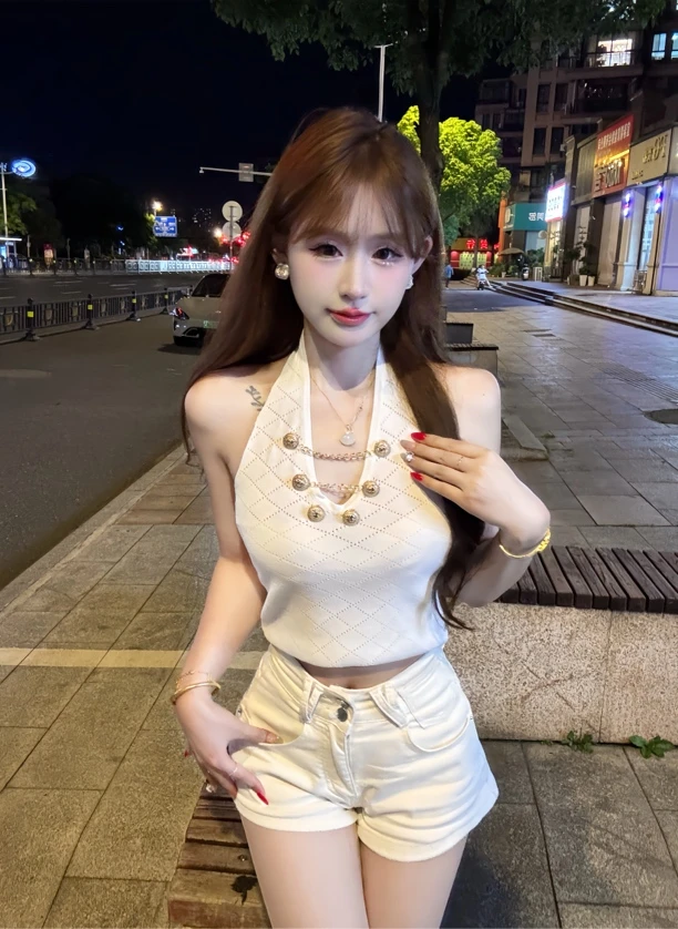 辣妹法式香风针织无袖吊带背心