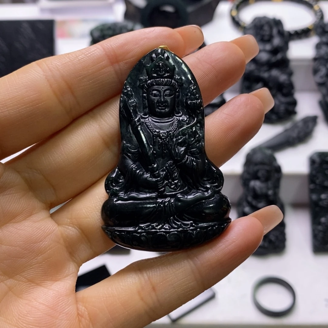 定制翡翠未镶嵌虚空藏菩萨吊坠天然A货墨翠