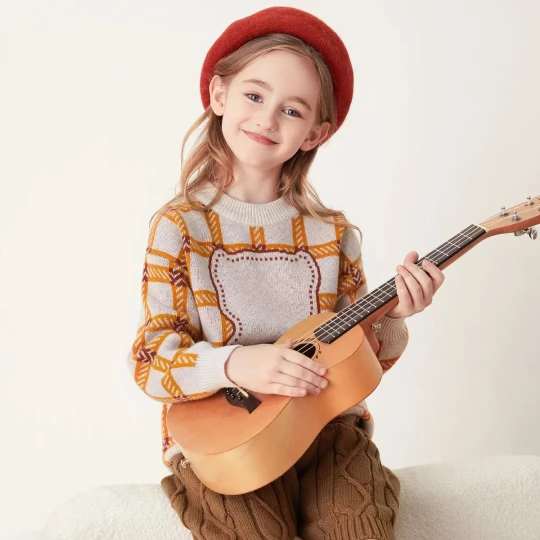 拜年服！纯羊毛衫秋冬圆领格纹小熊厚款男女童中大童针织时尚