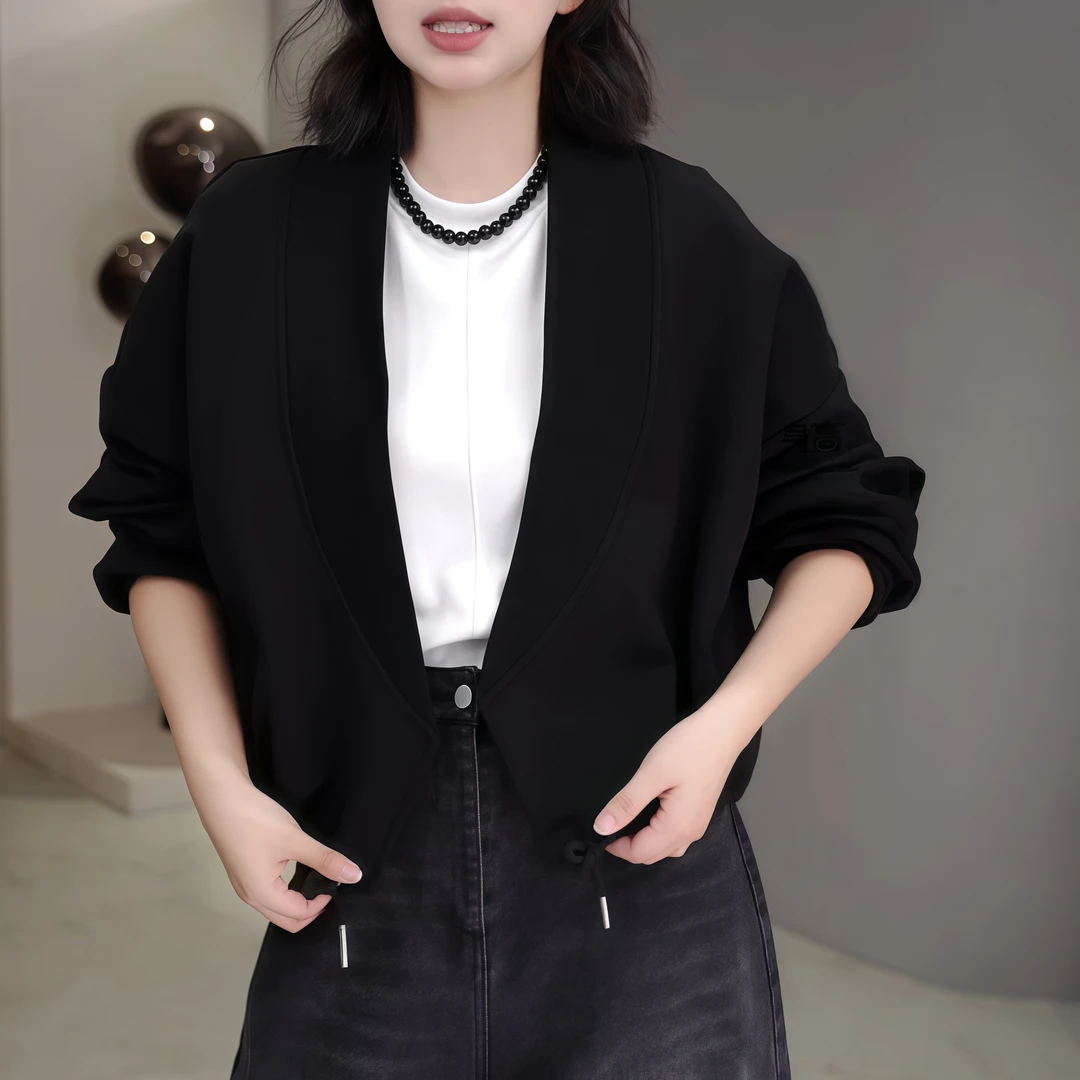 法式V领慵懒风披肩外套2025秋季新款设计感下摆抽绳宽松显瘦外套