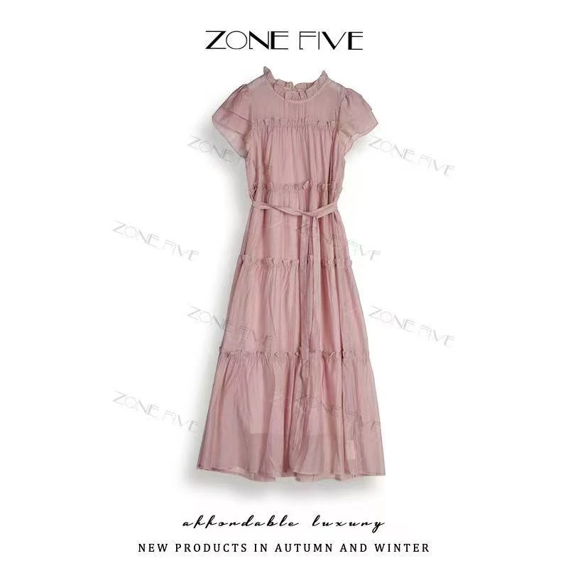 【zonefive】新款木耳边飞飞袖连衣裙时尚减龄高级感系带显瘦长裙
