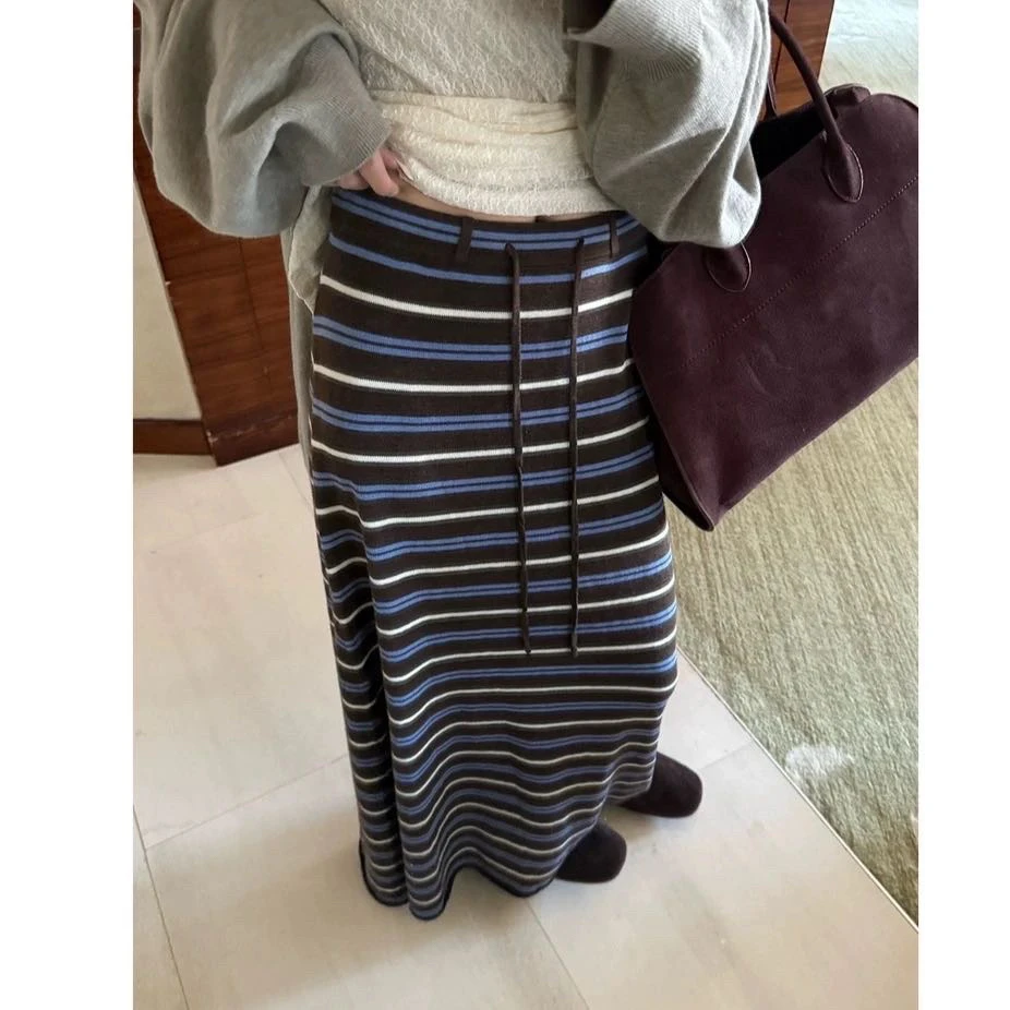 撞色条纹裙 配色显瘦软糯针织裙半身裙长裙