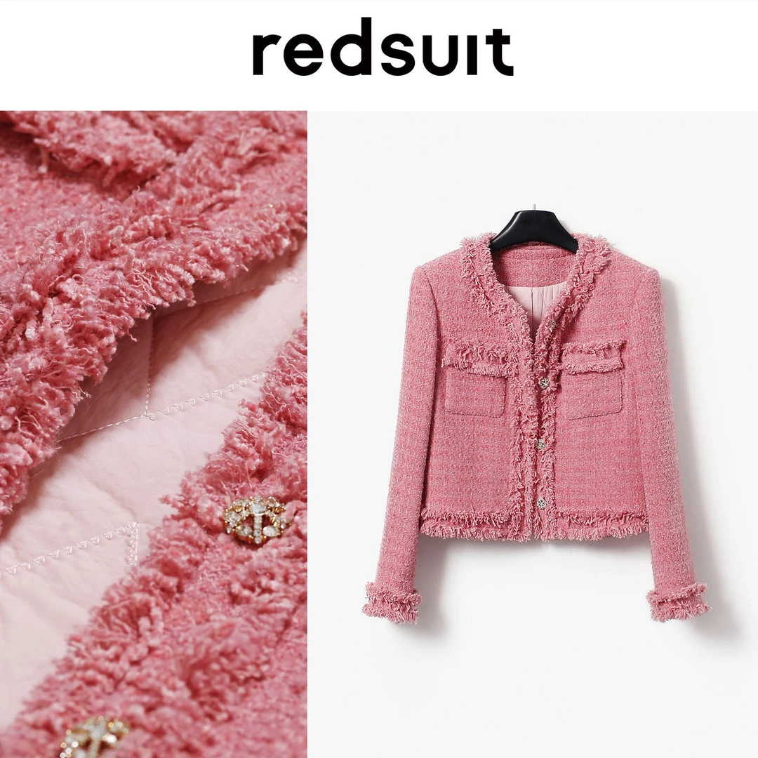 redsuit秋冬加棉高级保暖显瘦 温柔减龄粉色小香风圆领外套上衣