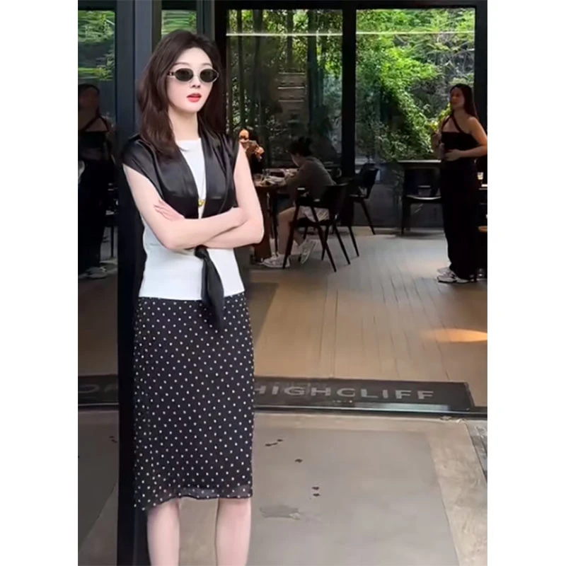 2025秋夏季新款简约披肩修身显瘦无袖上衣气质时尚收腰A字半身裙