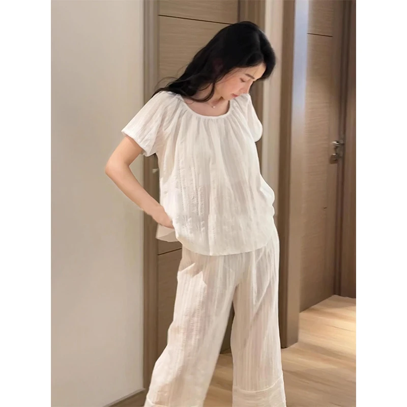 韩系甜美风温柔休闲纯色睡衣女秋季新款短袖长裤可外穿家居服套装