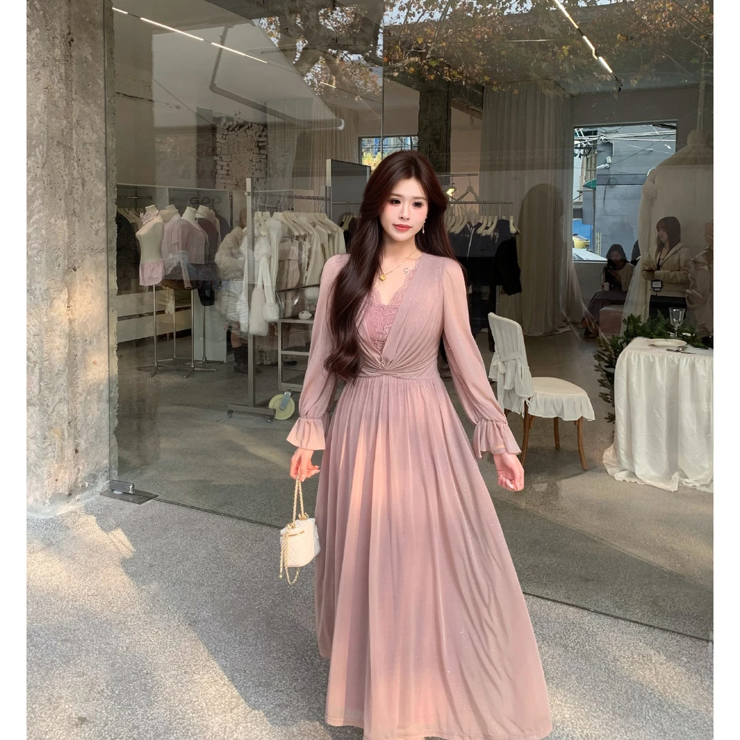 李潇洒【今晚月色真美】微胖法式蕾丝吊带高定撒银温柔灰紫色长裙