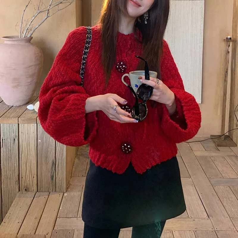 SHALLDOER 【红绯酒心】招财红色绞花软糯经典老钱开衫冬季新年战袍