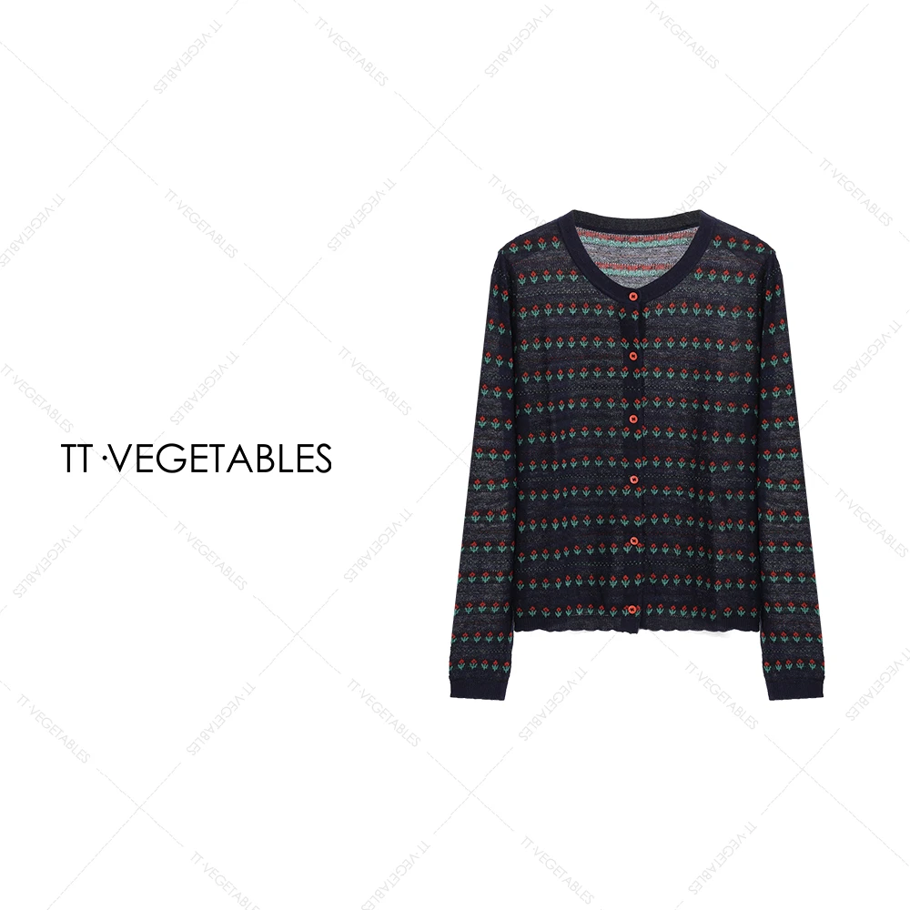 TT・VEGETABLES【序白】芝兰 绵羊毛针织衫开衫长袖提花上衣521755