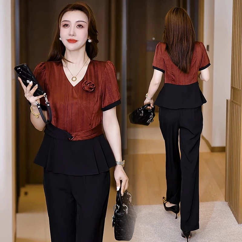 时尚气质套装女2025夏季新款时髦洋气拼色短袖阔腿裤显瘦两件套潮