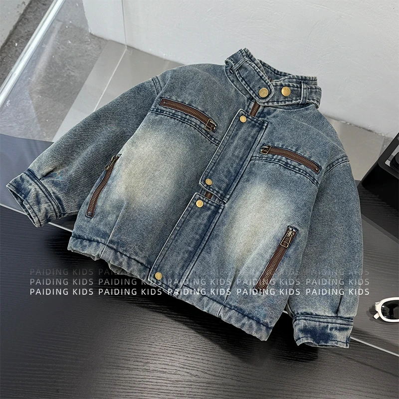 冬装儿童韩版时尚复古做旧水洗休闲加绒加厚牛仔外套HCXZ4646