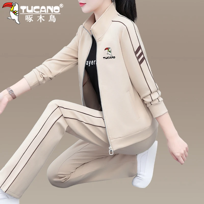 啄木鸟女士春秋套装运动三件套2025新款妈妈装开衫卫衣外套休闲服