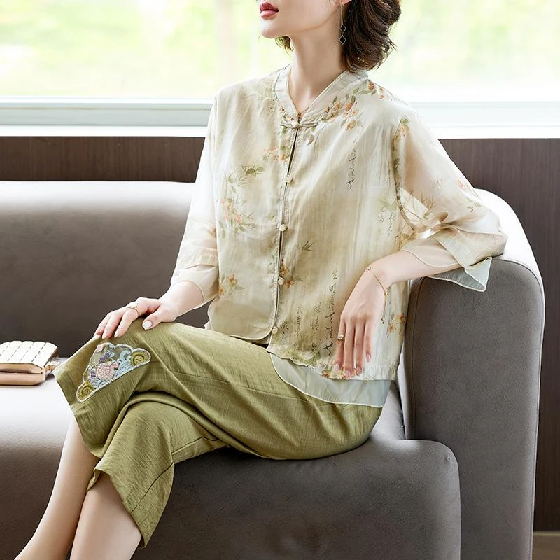 品牌商城同款新中式妈妈夏装丝质衬衫套装2025新款中老年女夏季