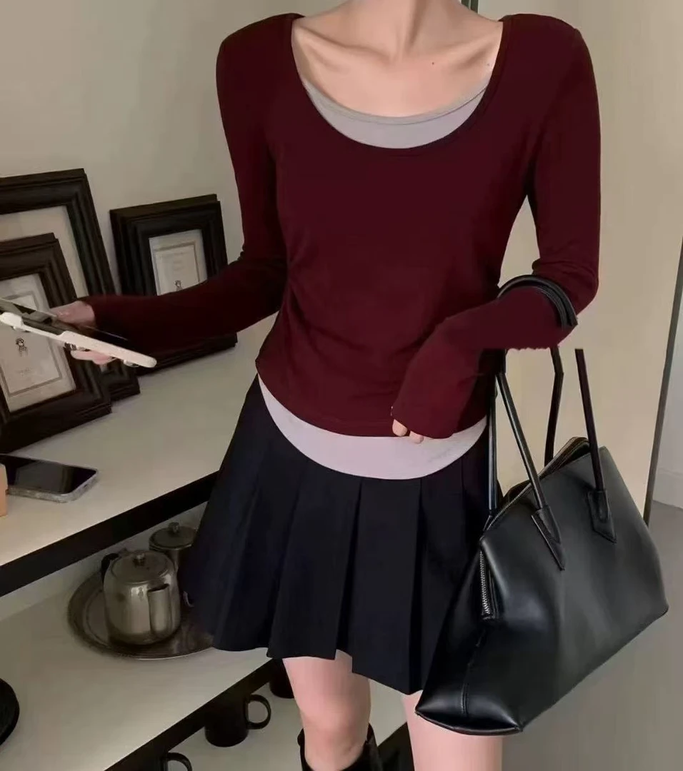 497s5105拼接长袖T恤辣妹U领打底衫小众设计感假两件
