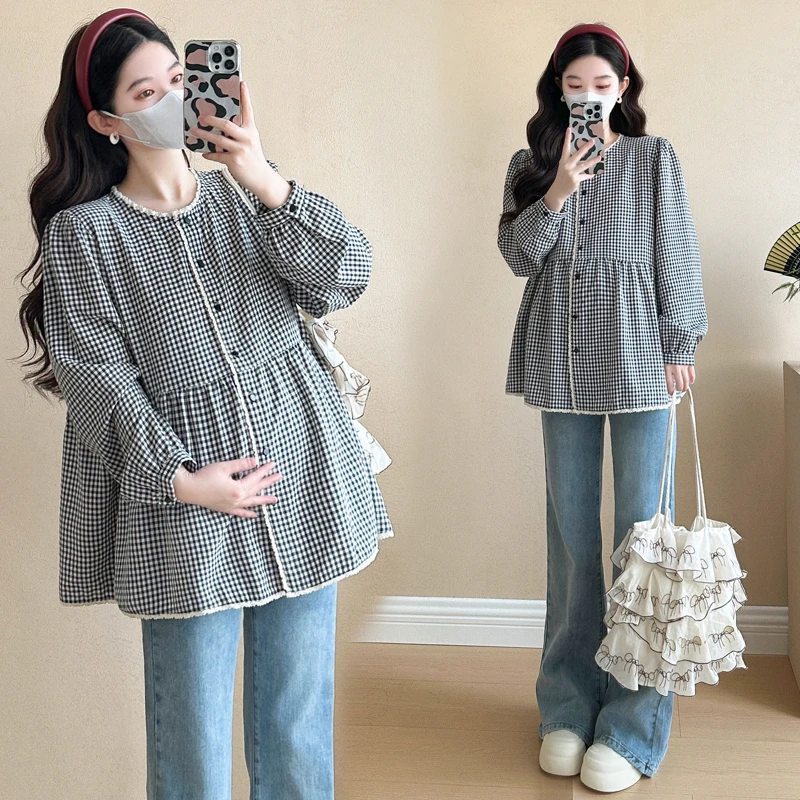 小个子孕妇装春装时尚中长款格子宽松长袖休闲衬衫显瘦韩版上衣