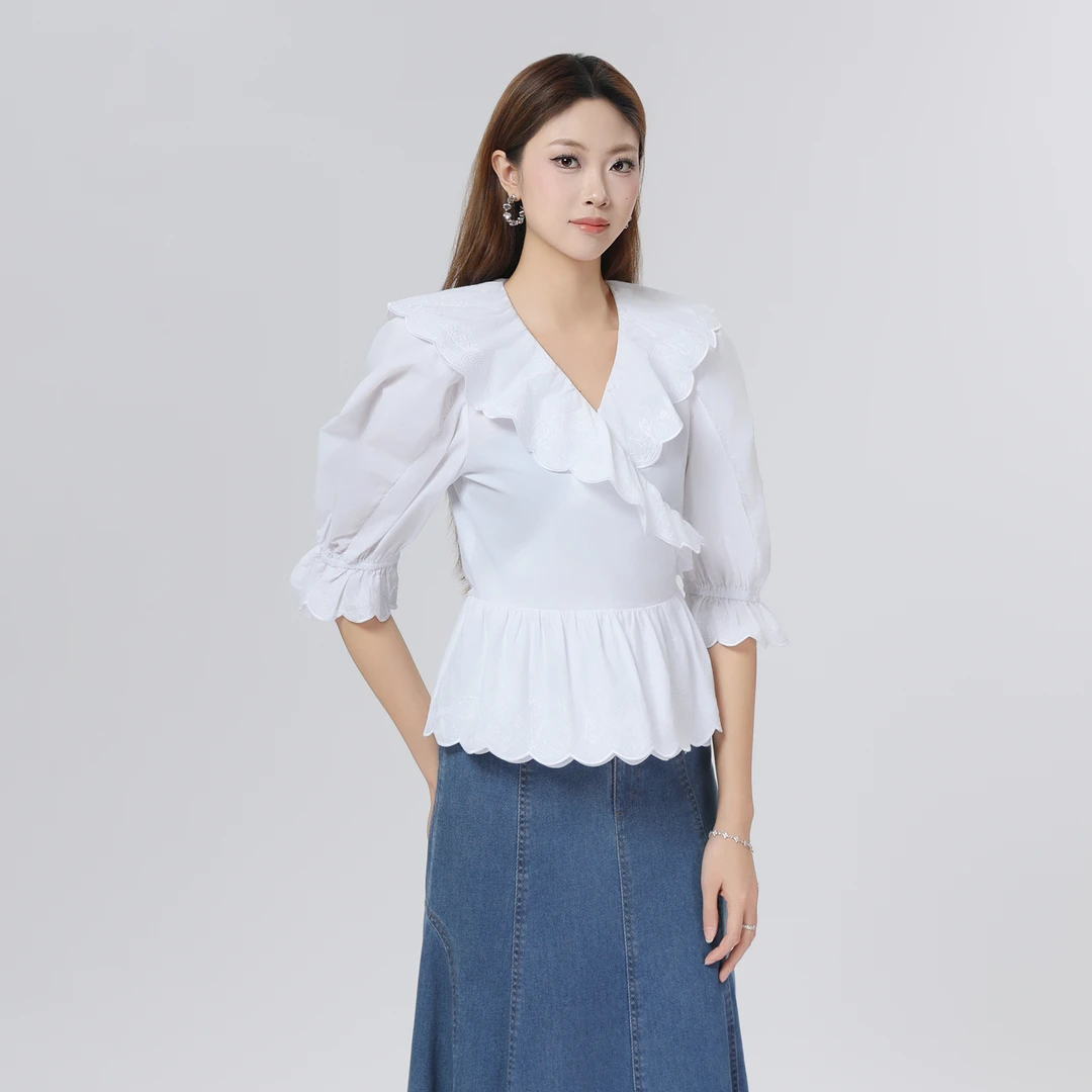 AMASS/阿玛施新款花瓣袖衬衣夏日甜美减龄荷叶边纯棉衬衫5300914
