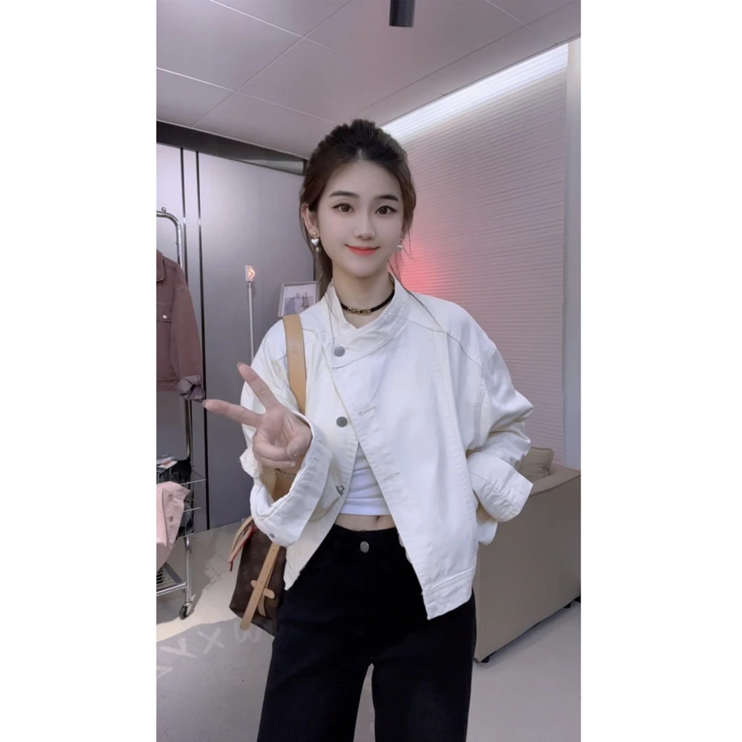 2025春秋新款韩版宽松复古水洗立领短款牛仔衬衫外套上衣女显瘦潮