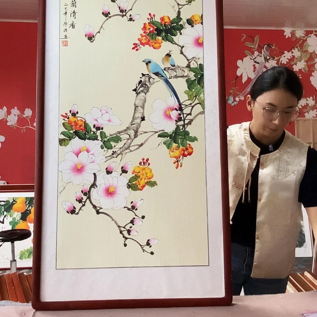 国画手写手绘国画作品带框包邮62✖️122
