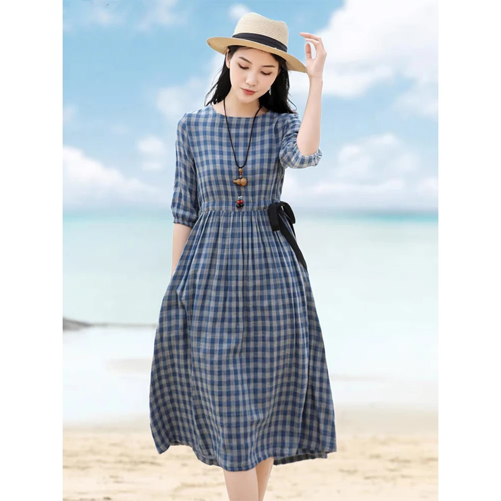 100%棉方格子田园文艺连衣裙女2025夏季新款宽松显瘦复古气质韩版