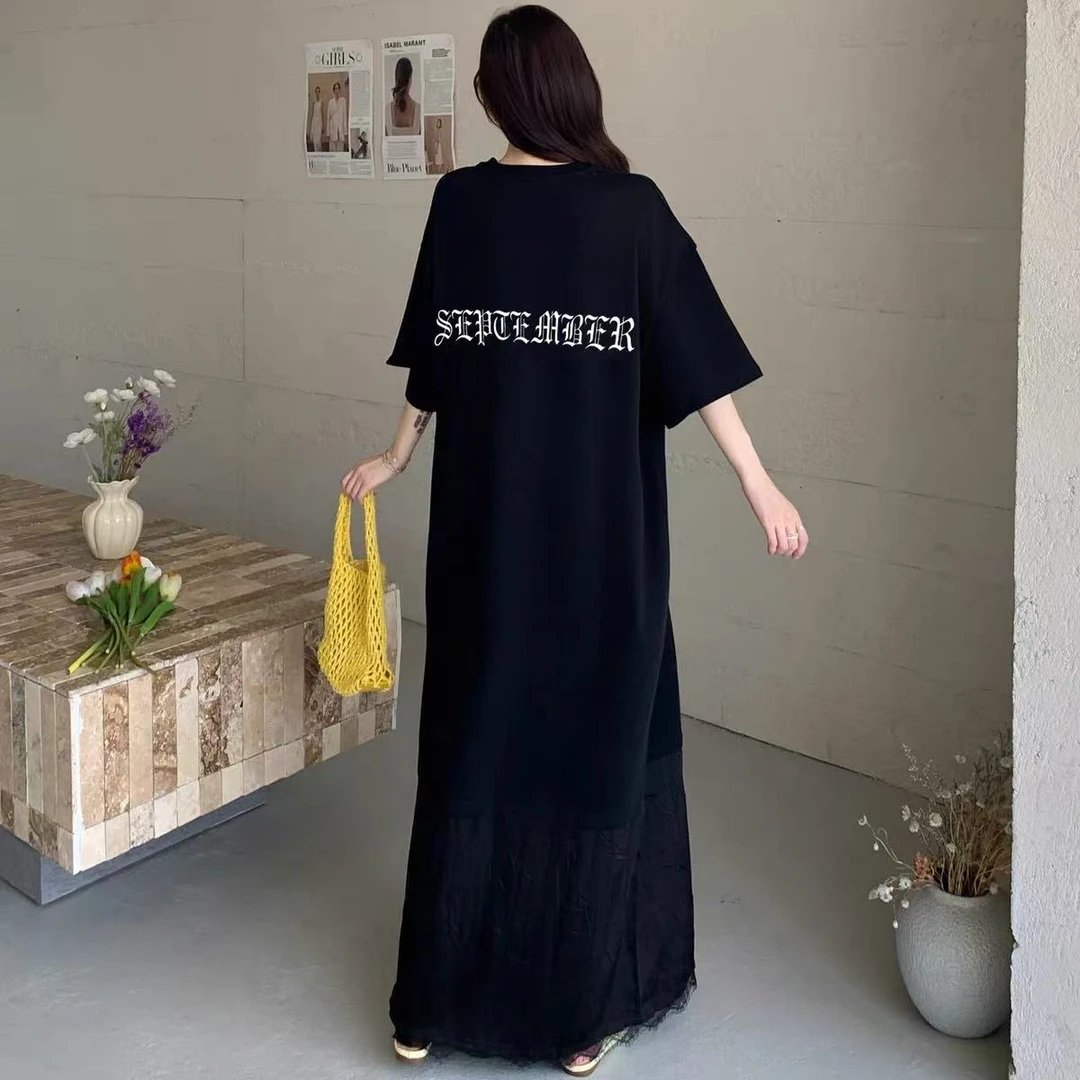 加大码300斤胖MM字母印花宽松圆领廓形短袖t连衣裙蕾丝拼接长裙女