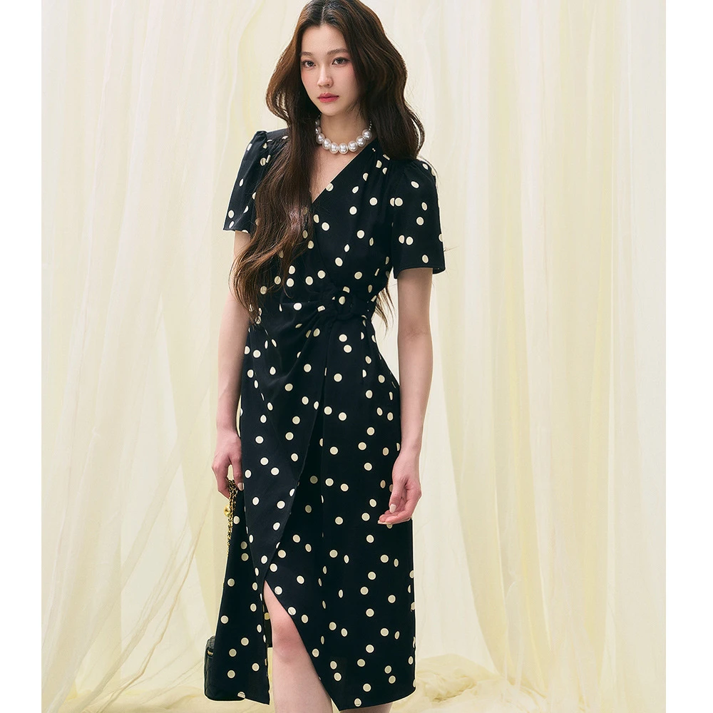 【优品】25夏新款泡泡袖黑色波点连衣收腰V领显瘦雪纺裙女连衣裙S