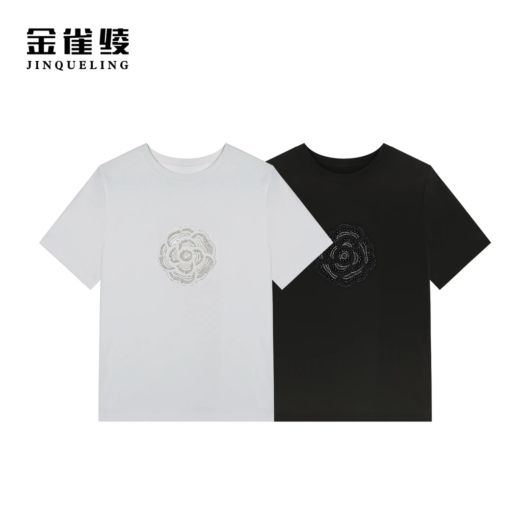 金雀绫【山茶花】原创设计刺绣款时尚休闲圆领小衫SZA1S009