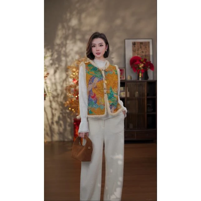 GONG QUE 新中式秋冬款夹棉敦煌香云纱水貂毛马夹 242466