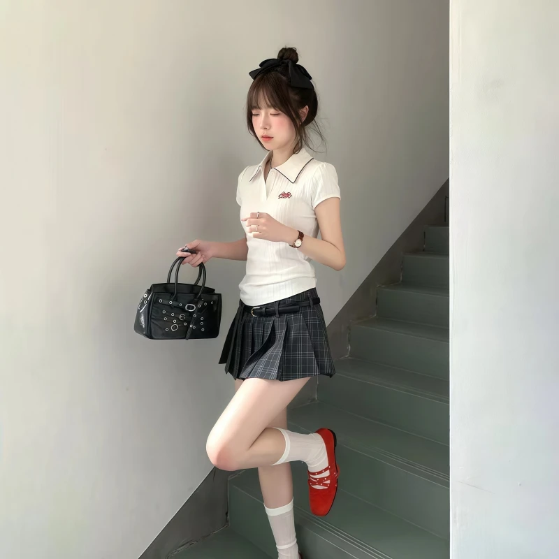 纯欲风辣妹套装女2025夏季新款修身polo领针织上衣百褶裙两件套裙