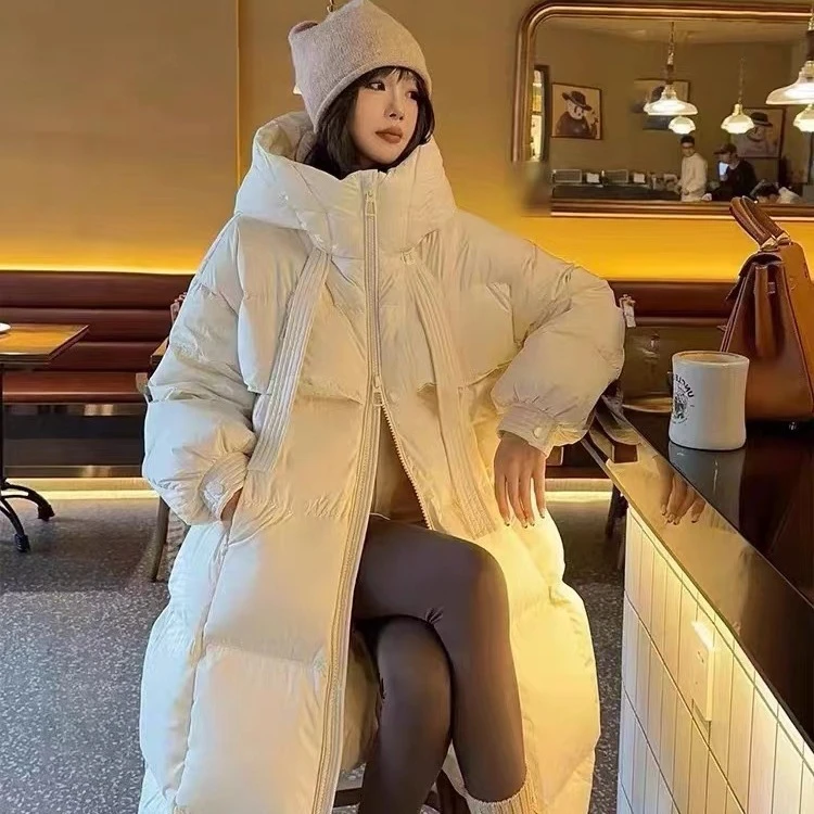 气质韩版连帽加厚羽绒服女宽松中长款面包服冬季新款时尚过膝外套