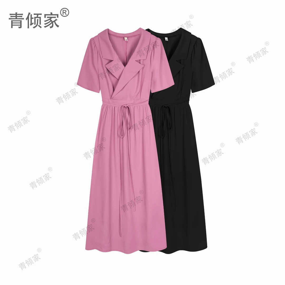 青倾家【花开半夏】夏季新款西装领收腰显瘦设计感连衣
