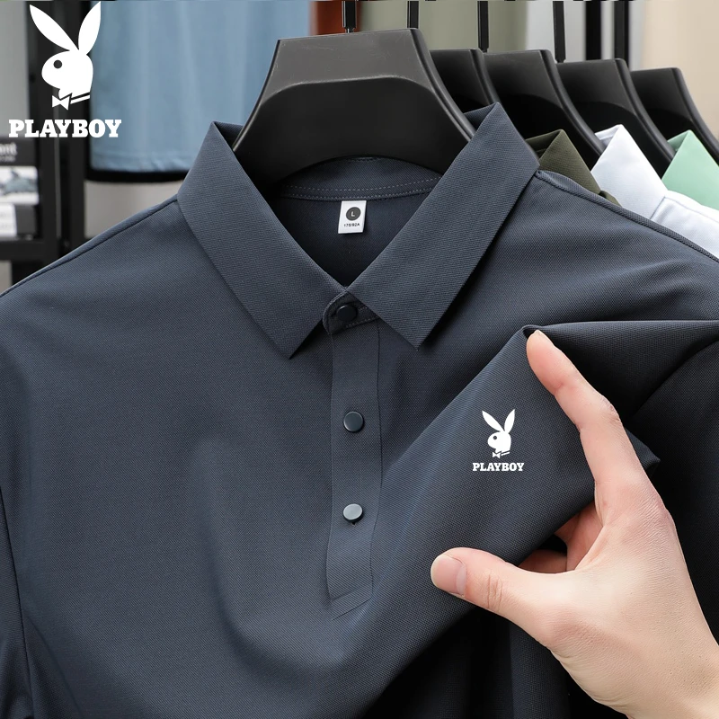 花花公子冰丝短袖t恤男夏季薄款宽松半袖体恤中年商务翻领polo衫